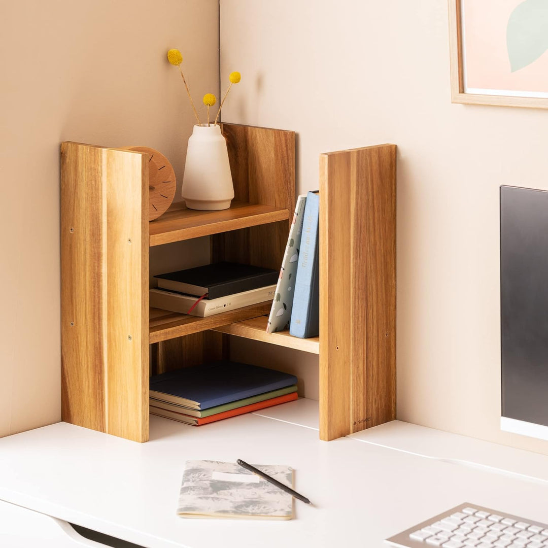 Navaris Akazien Schreibtisch Organizer 64x15,5x40 - Tisch Regal Ordnungssystem verstellbar - Eckrega