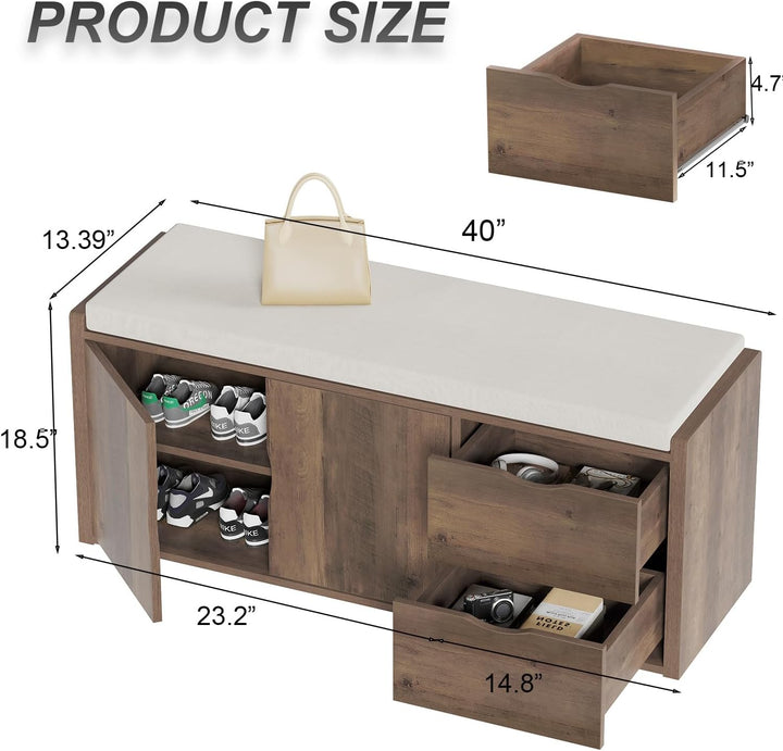 LVB Schuhbank mit 2 Schubladen Schrank Regal, Industrieholz Schuhablage Bank für Wohn-Schlafzimmer,