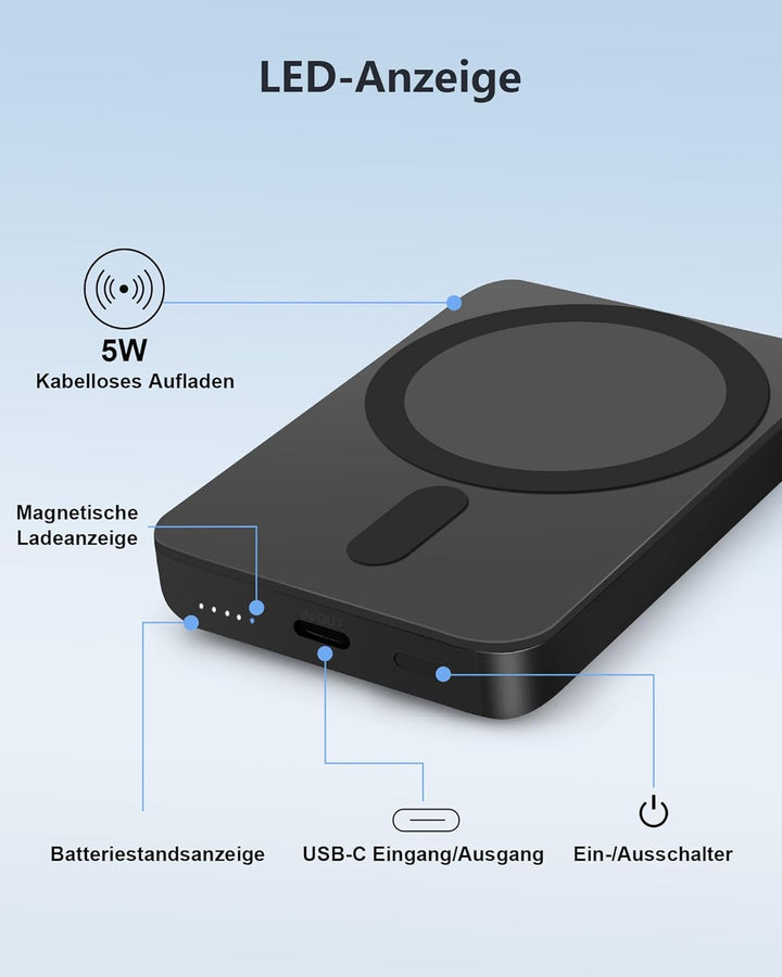 Miady Powerbank für Magsafe, 5000mAh 5W kabelloses magnetisches Laden & 12W USB-C Schnellladen, ultr
