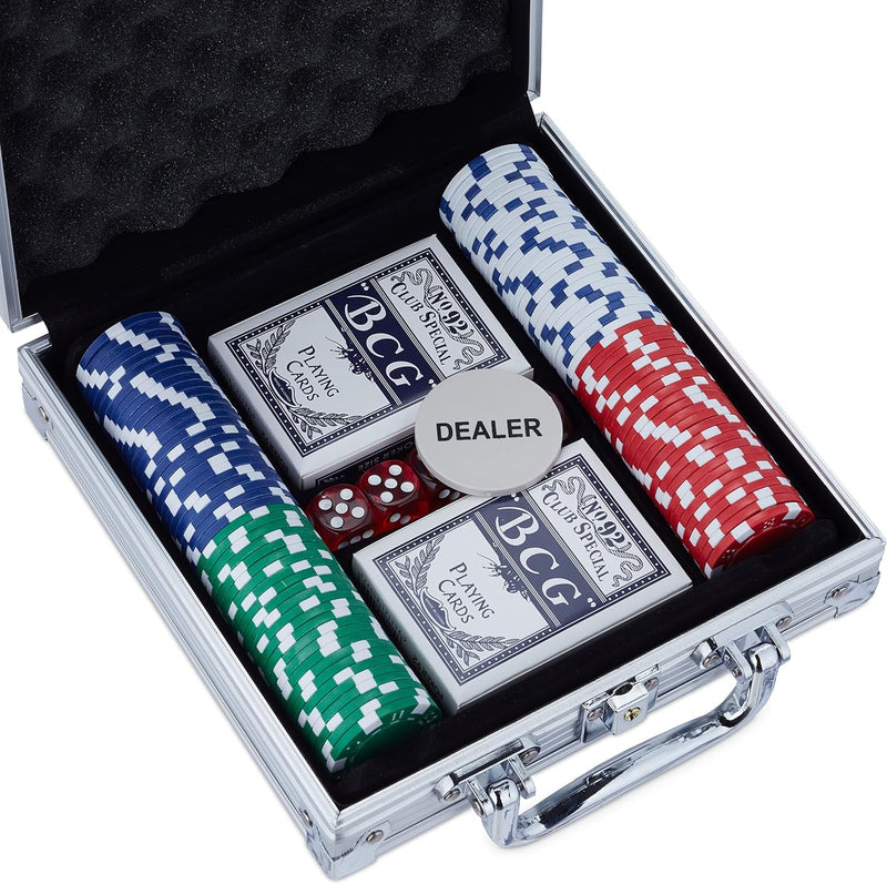 Relaxdays Pokerkoffer, 100 Pokerchips ohne Wert, 2 Kartendecks, 5 Würfel, Dealer-Button, Pokerset, a