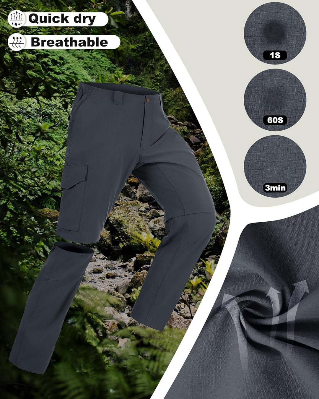 33,000ft Wanderhose Herren Zip Off Trekkinghose, Atmungsaktiv Abnehmbar Stretch Outdoorhose mit 6 Ta