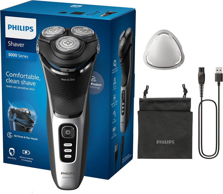 Philips Shaver Series 3000 – Elektrischer Nass- und Trockenrasierer für Männer in Schwarz, mit SkinP