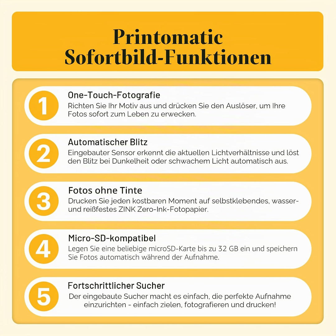 Kodak Printomatic Sofortbildkamera (Gelb) Basis-Paket + Zinkpapier (20 Blätter) Etui + Bequemer Hals