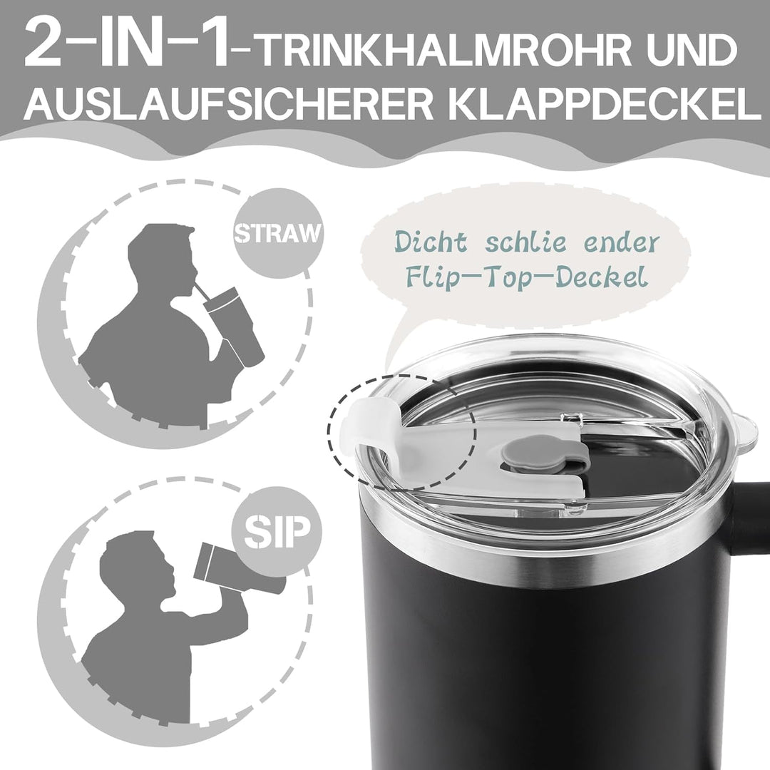 PRAOAHEI 40oz/1180 ML Thermobecher mit Strohhalm und Henkel Kaffeebecher to Go, Auslaufsicher Trinkb