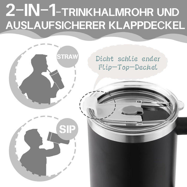 PRAOAHEI 40oz/1180 ML Thermobecher mit Strohhalm und Henkel Kaffeebecher to Go, Auslaufsicher Trinkb