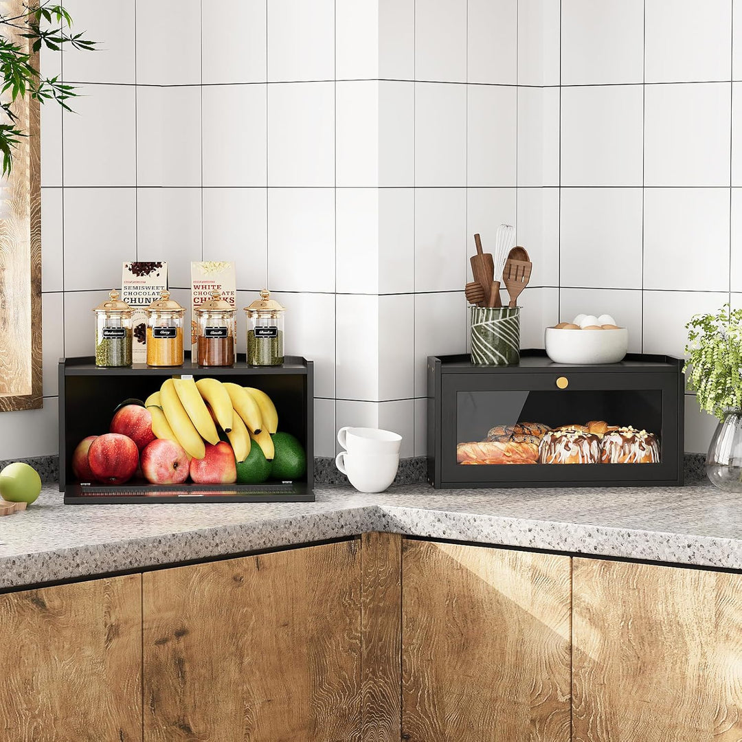 VEDECASA Eck-Brotkasten aus Bambus für die Küche Grosser Brotkasten mit Acryl-Tür Platzsparende Brot