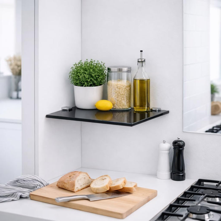 Euro Tische Glas Eckregal 35 x 35 cm, Wandregal für Badezimmer, Duschregal Bad, Glas Badregal mit 6m