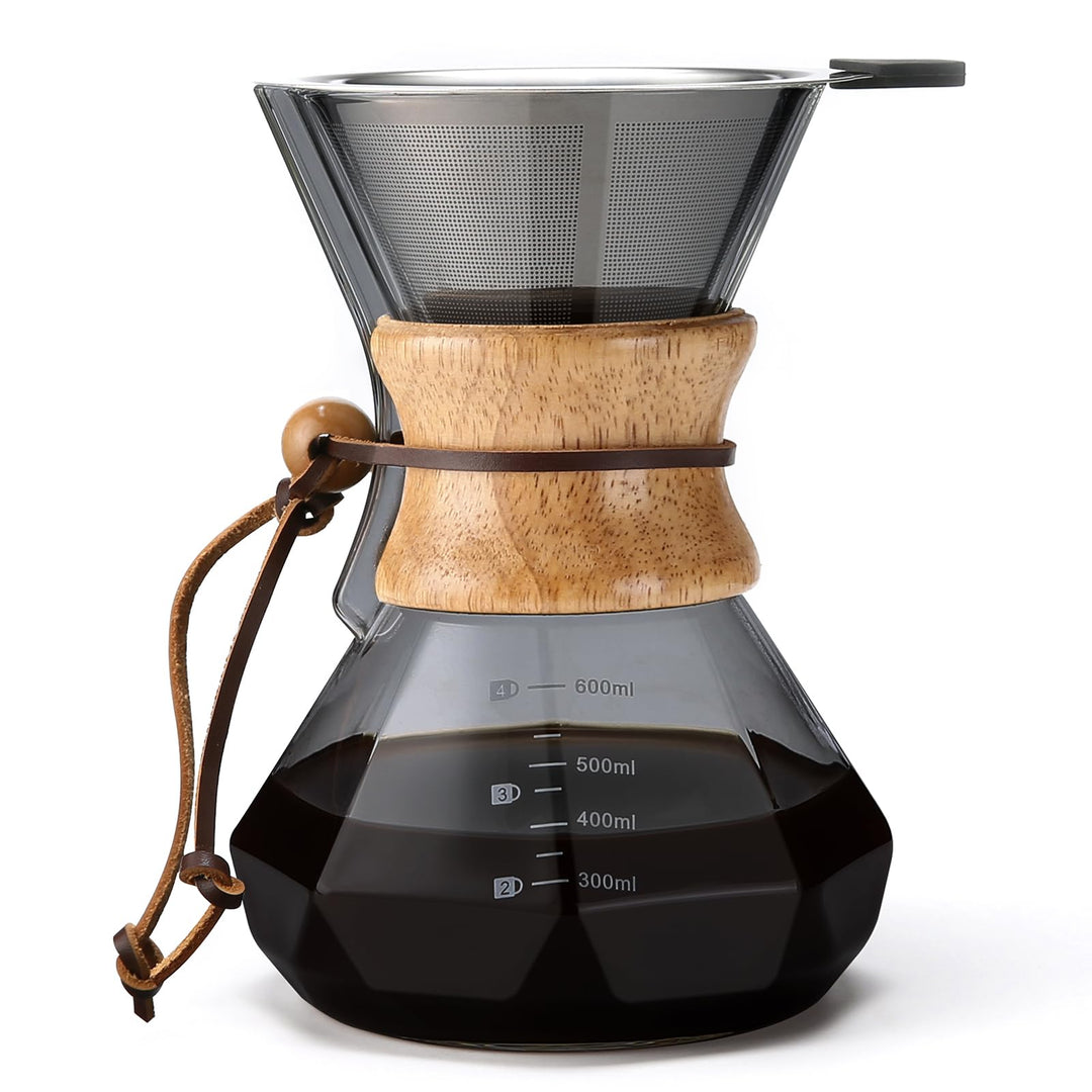 Lalord Pour Over Kaffeebereiter mit Edelstahlfilter, 600 ml Borosilikatglas Kaffeekaraffe, Holzkrage