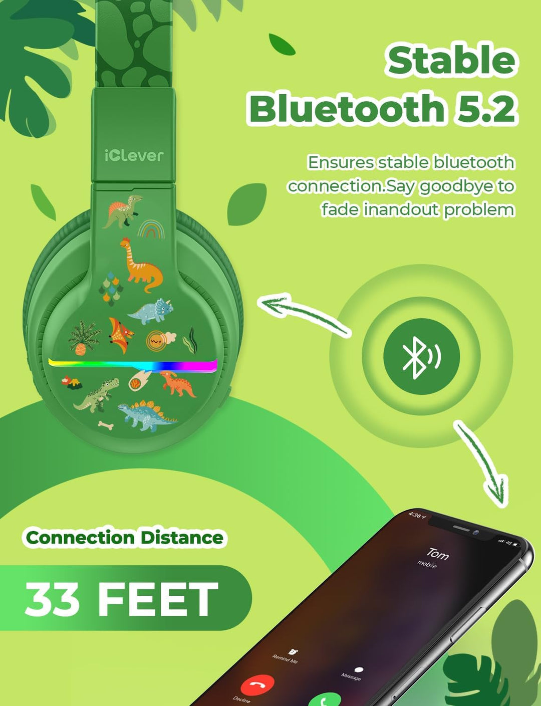 iClever Bluetooth Kinder Kopfhörer, Farbige LED-Leuchten, Kinderkopfhörer Over-Ear mit 74/85dBA Laut