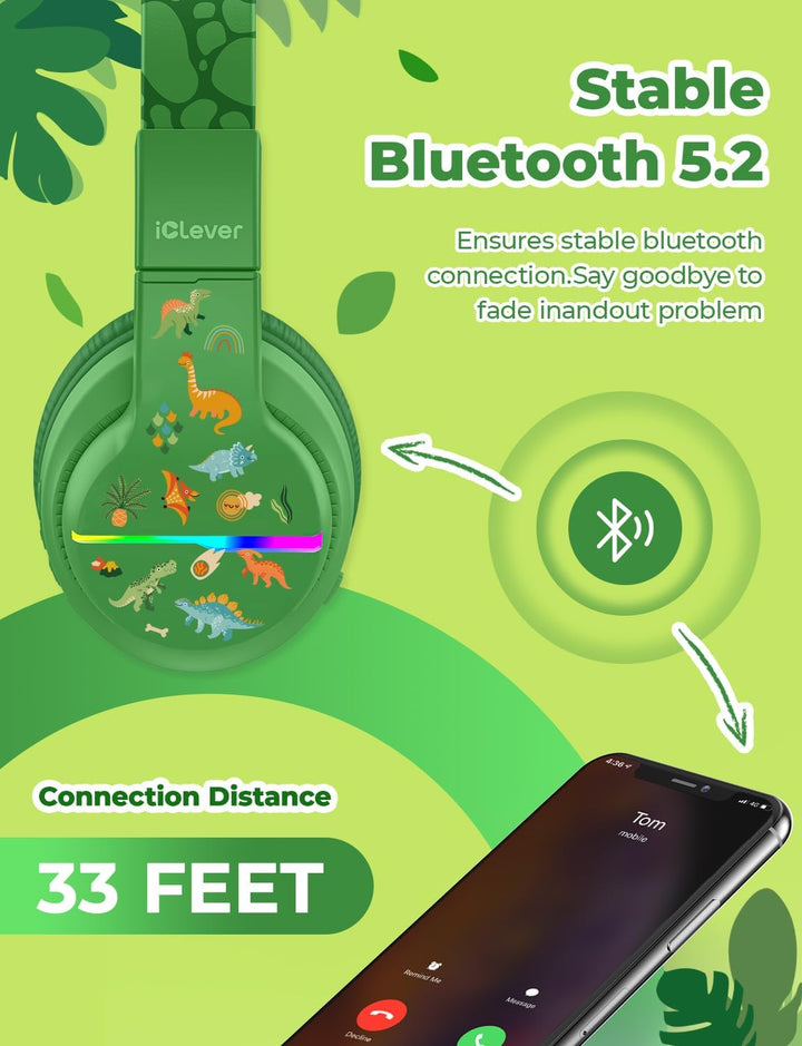 iClever Bluetooth Kinder Kopfhörer, Farbige LED-Leuchten, Kinderkopfhörer Over-Ear mit 74/85dBA Laut
