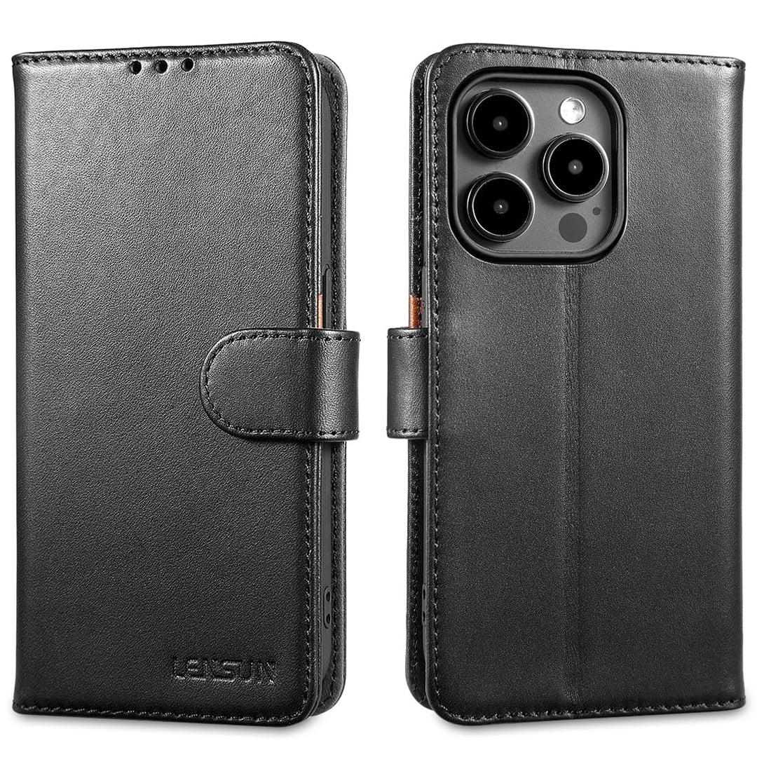 LENSUN Echtleder Hülle für iPhone 15 Pro, Handyhülle [Echtes Leder][Magnetverschluss][RFID Schutz] H