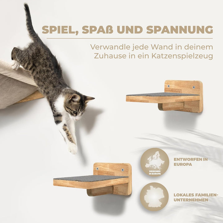 WOOWOOD® Kletterwand Katzen inkl. 2X Katzentreppe Wand [Massivholz] I Kratzbaum Wand I Hängematte Ka