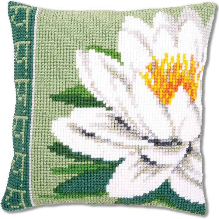 Vervaco Kreuzstichkissen weisse Lotus Blume Kreuzstickpackung vorgedruckt, Stramin, 40 x 40 x 0,3 cm