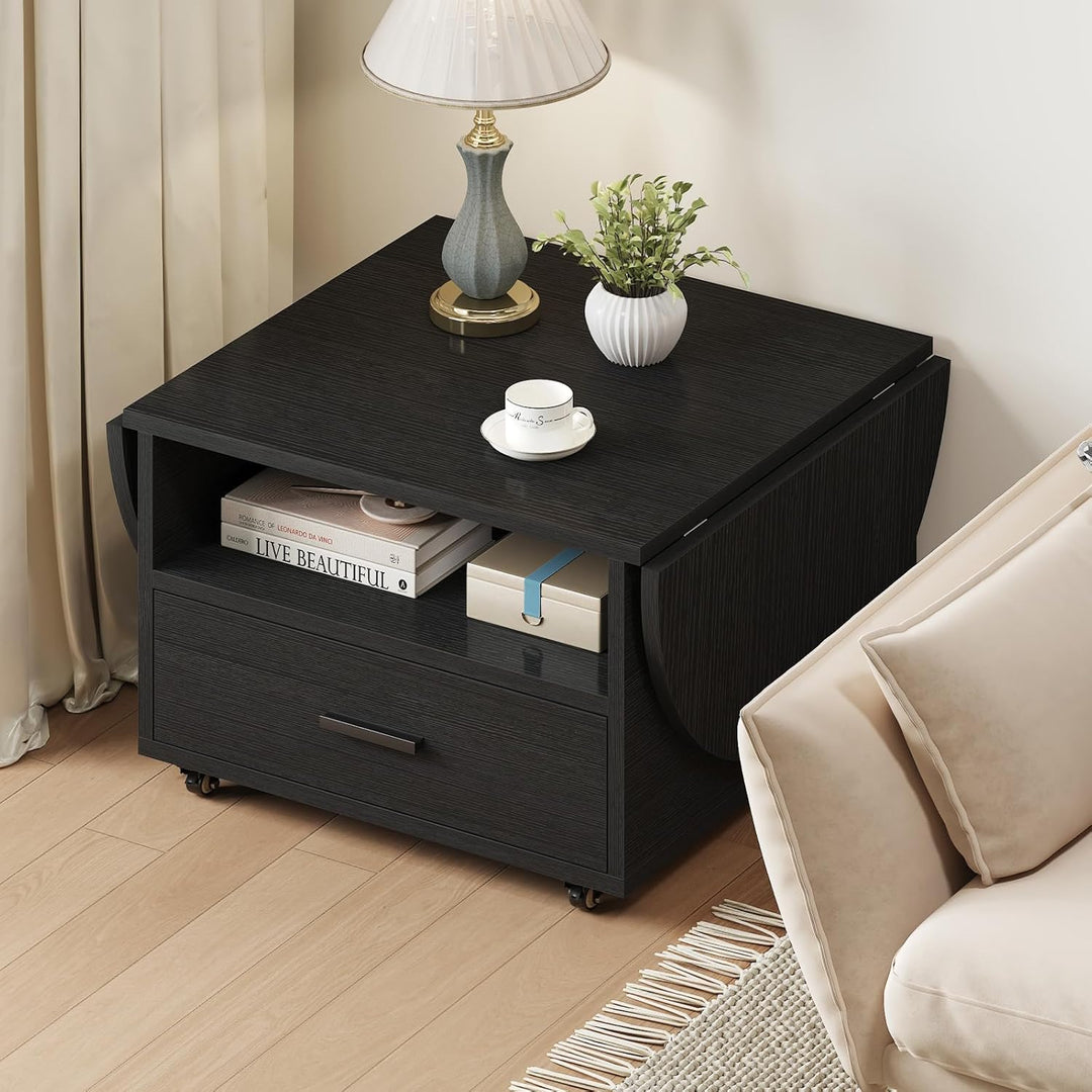 IBF Klappbarer Couchtisch mit Stauraum Holz Oval Wohnzimmer Tisch mit Schublade Modern Ausziehbarer