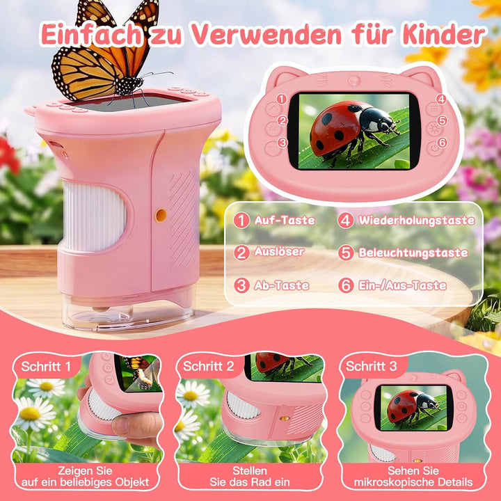 Tragbares Mikroskop für Kinder, 1000x Digitales Handmikroskop Kinder mit 2,4 Zoll IPS Bildschirm, Fo