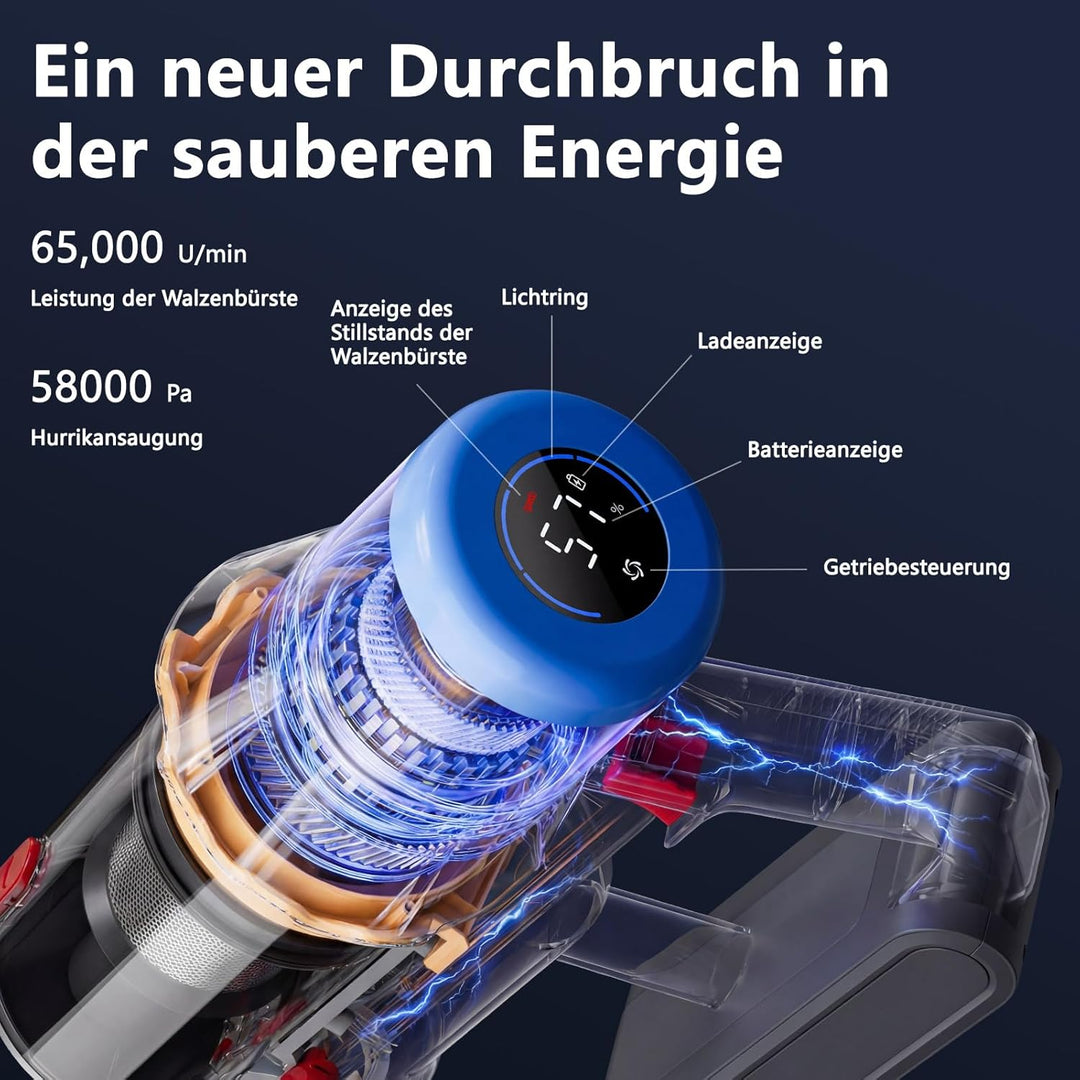 Akku Staubsauger, 58000Pa Staubsauger Kabellos, Akkustaubsauger mit Display & LED, Anti-Tangle-Bürst