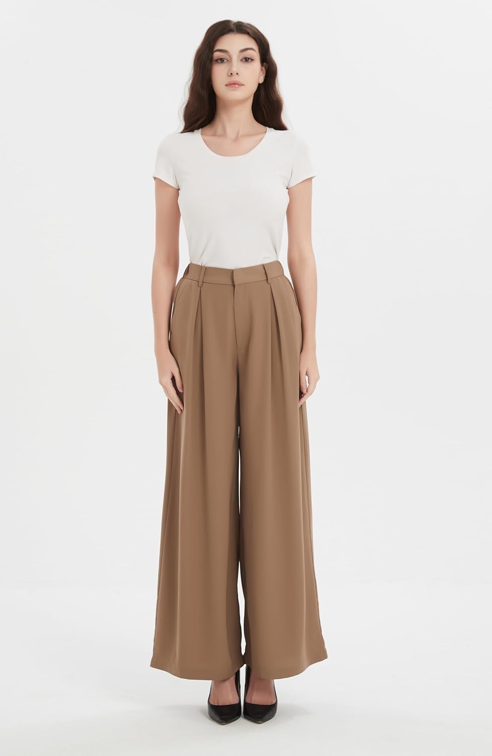 Tronjori Damen Hose Weites Bein Frauen Lange Hose mit Taschen Einfarbig Lose elastische Hohe Taille