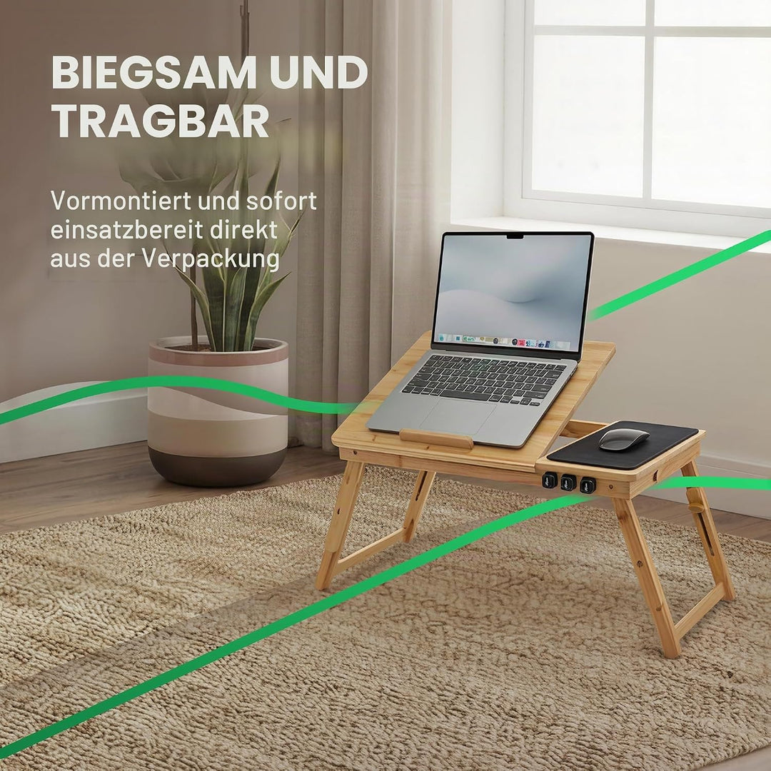 MOVADEK Laptoptisch aus Bambus, höhenverstellbar & klappbar, Betttisch & Notebooktisch mit Schublade