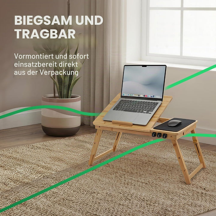 MOVADEK Laptoptisch aus Bambus, höhenverstellbar & klappbar, Betttisch & Notebooktisch mit Schublade