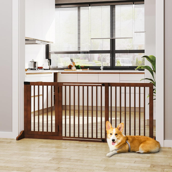 PawHut Absperrgitter Hund Freistehend Verstellbar 113-166 x 71 cm Braun | Schutzgitter mit Füssen, T