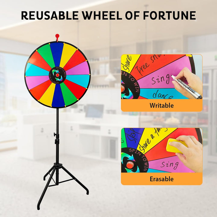 Glücksrad, Glücksrad zum Drehen mit 14 Fächern und Faltbarem Dreibein-Bodenständer, Löschbares Glück
