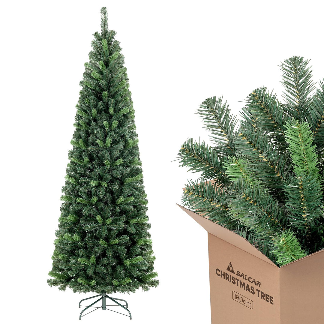 SALCAR Künstlicher Weihnachtsbaum Slim 180 cm, Tannenbaum Künstlich mit Handschuhen und Metallstände