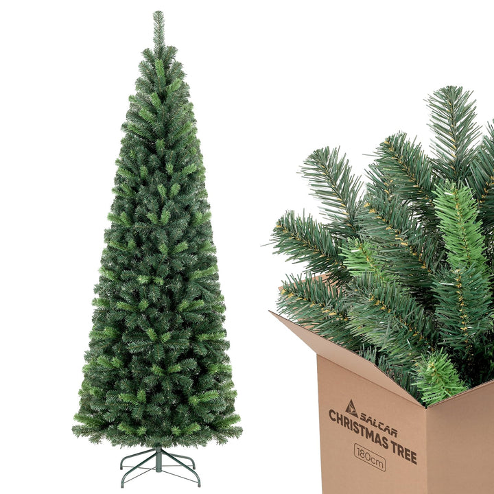 SALCAR Künstlicher Weihnachtsbaum Slim 180 cm, Tannenbaum Künstlich mit Handschuhen und Metallstände