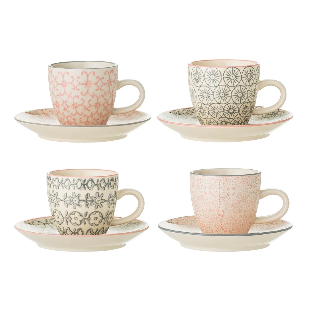 Bloomingville Espressotasse mit Untertasse Cecile, rosa grau, Keramik, 4er Set