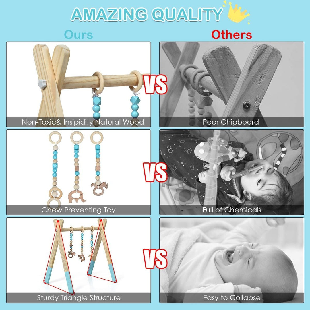 LIFEZEAL Spieltrapez, Spielbogen Baby Holz, Babyspielgerät mit 3 Spielzeugen, Holzspielzeug baby, Ba