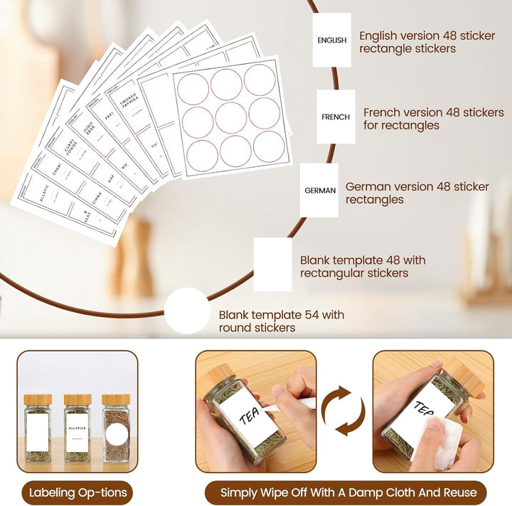 Lannvan Gewürzgläser Eckig Set [12 x 120ml] mit Bambus Deckel, Gewürzdosen mit 246 Etiketten, Gewürz