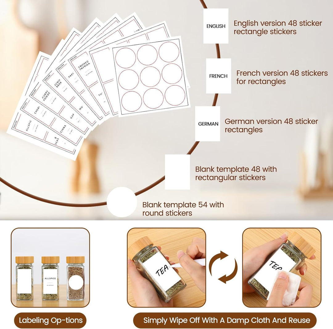 Lannvan Gewürzgläser Eckig Set [12 x 120ml] mit Bambus Deckel, Gewürzdosen mit 246 Etiketten, Gewürz