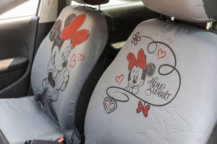 Paar Vordersitzbezüge, Minnie Maus, Universal, Maus, grau, Airbag, kompatibel