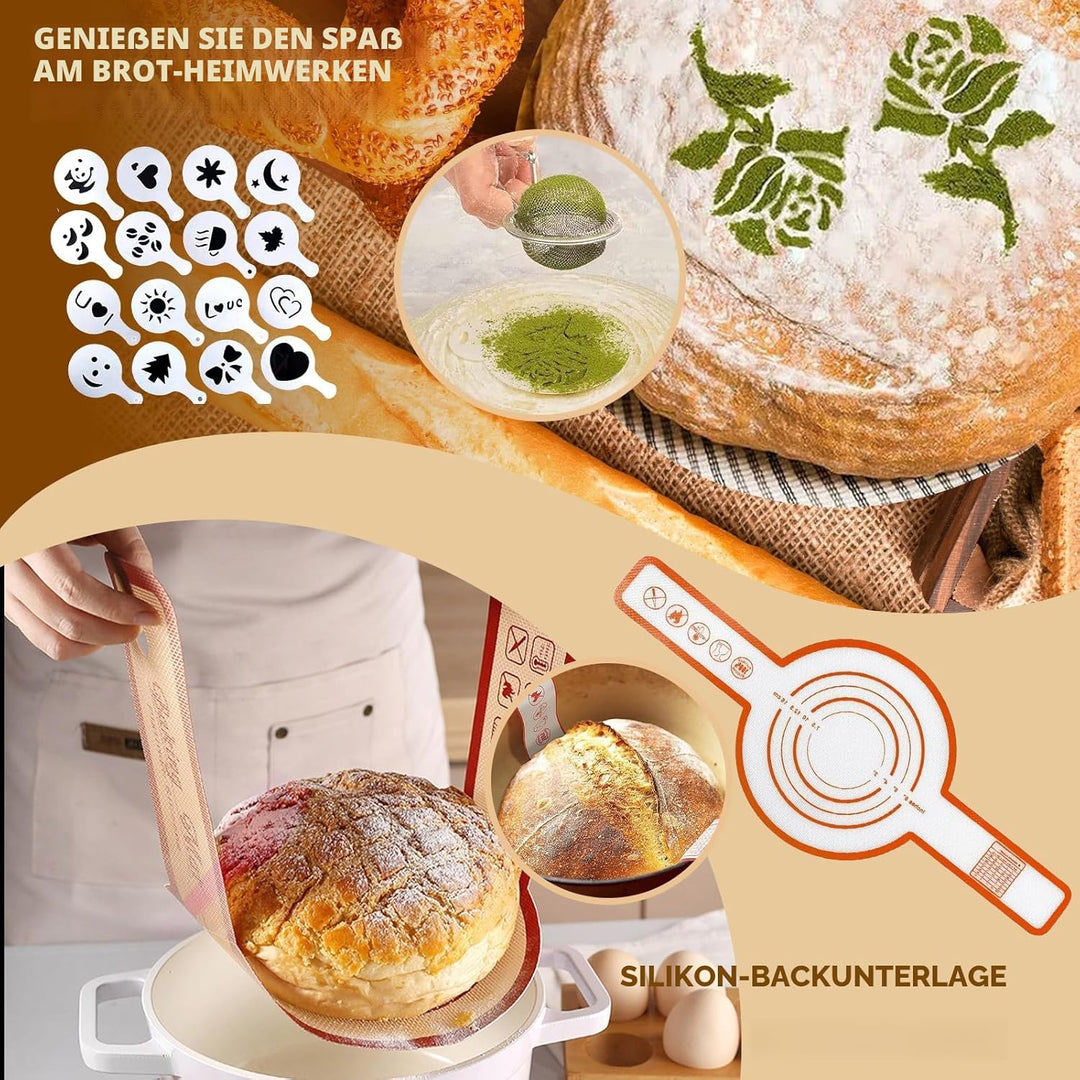 11-teilig Gärkorb Brot Set, Sauerteig Starter Set, Gärkörbchen Rund 25cm, Brot Backen Zubehör, 730ml