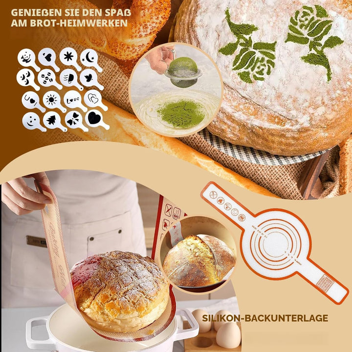 11-teilig Gärkorb Brot Set, Sauerteig Starter Set, Gärkörbchen Rund 25cm, Brot Backen Zubehör, 730ml