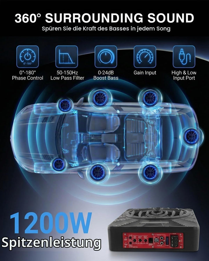 Aktiver Subwoofer für Auto, Unter den Sitzen Montierbar, Maximale Leistung 1200 W, 10 Zoll, Integrie