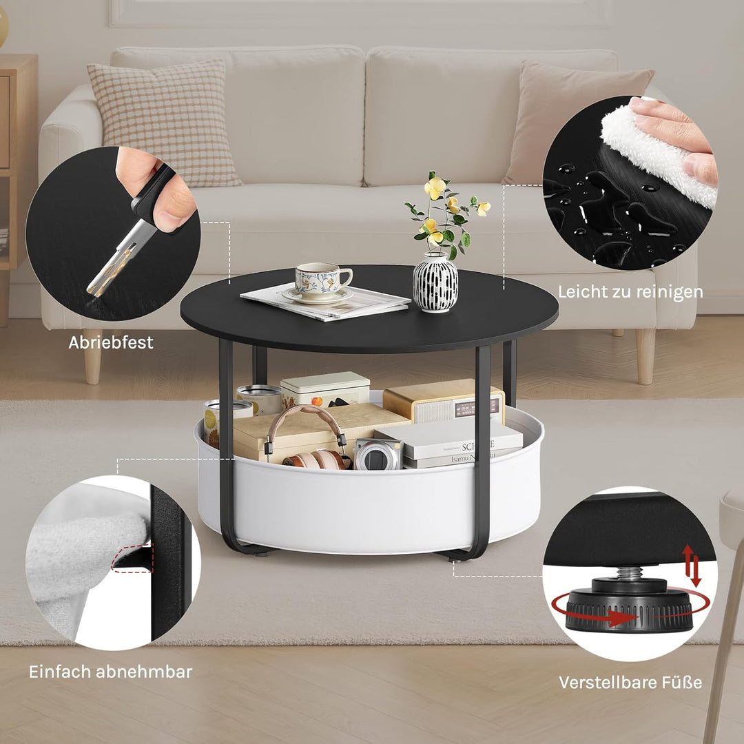 WOLTU Runder Couchtisch Ø 80 x H 50 cm, Nachttisch mit Aufbewahrungskorb, aus PB-Platte + Metall + S
