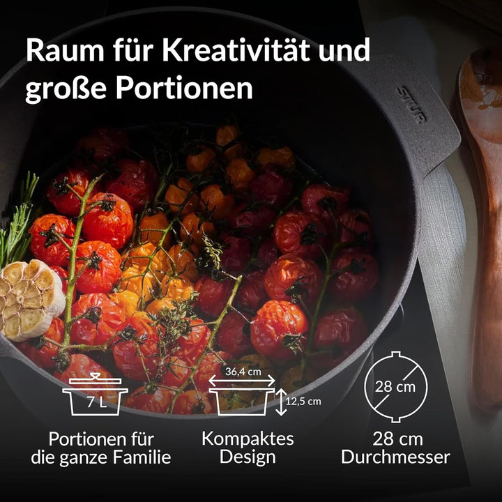 STUR Gusseisenbräter 28 cm – emaillierter Schmortopf aus Gusseisen mit 7 Litern Volumen + Deckel – G
