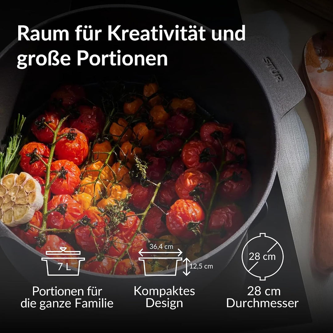 STUR Gusseisenbräter 28 cm – emaillierter Schmortopf aus Gusseisen mit 7 Litern Volumen + Deckel – G