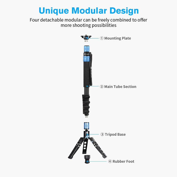 SIRUI P-325FS Carbon Fiber Kamera Video Teleskop Einbeinstativ Monopod kit mit Standfuss 148,3 cm,Le