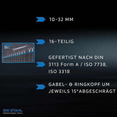 SW-Stahl 00163L Gabelringschlüsselsatz 10-32 mm, 16-teilig I Maulschlüssel-Set I Ringschraubenschlüs