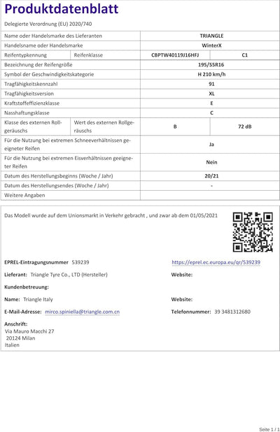 TRIANGLE 195/55 R16 TL 91H WINTERX TW401 XL M+S 3PMSF Winterreifen