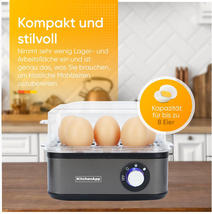 Eierkocher Edelstahl für 1 bis 8 Eier mit elektronischer Kochzeitüberwachung, inkl. Messbecher mit E