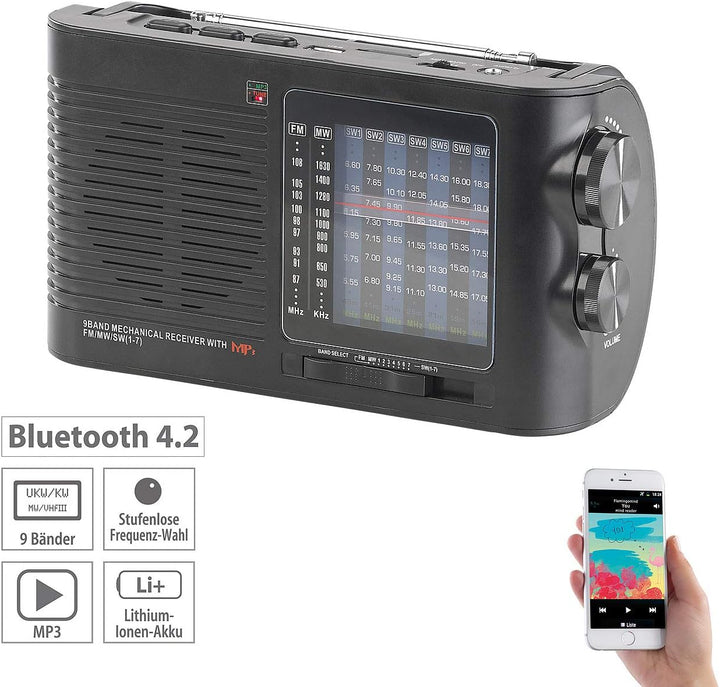 auvisio Kurzwellenradio: Analoger 9-Band-Weltempfänger mit Bluetooth, USB, SD, AUX und Akku (Weltemp