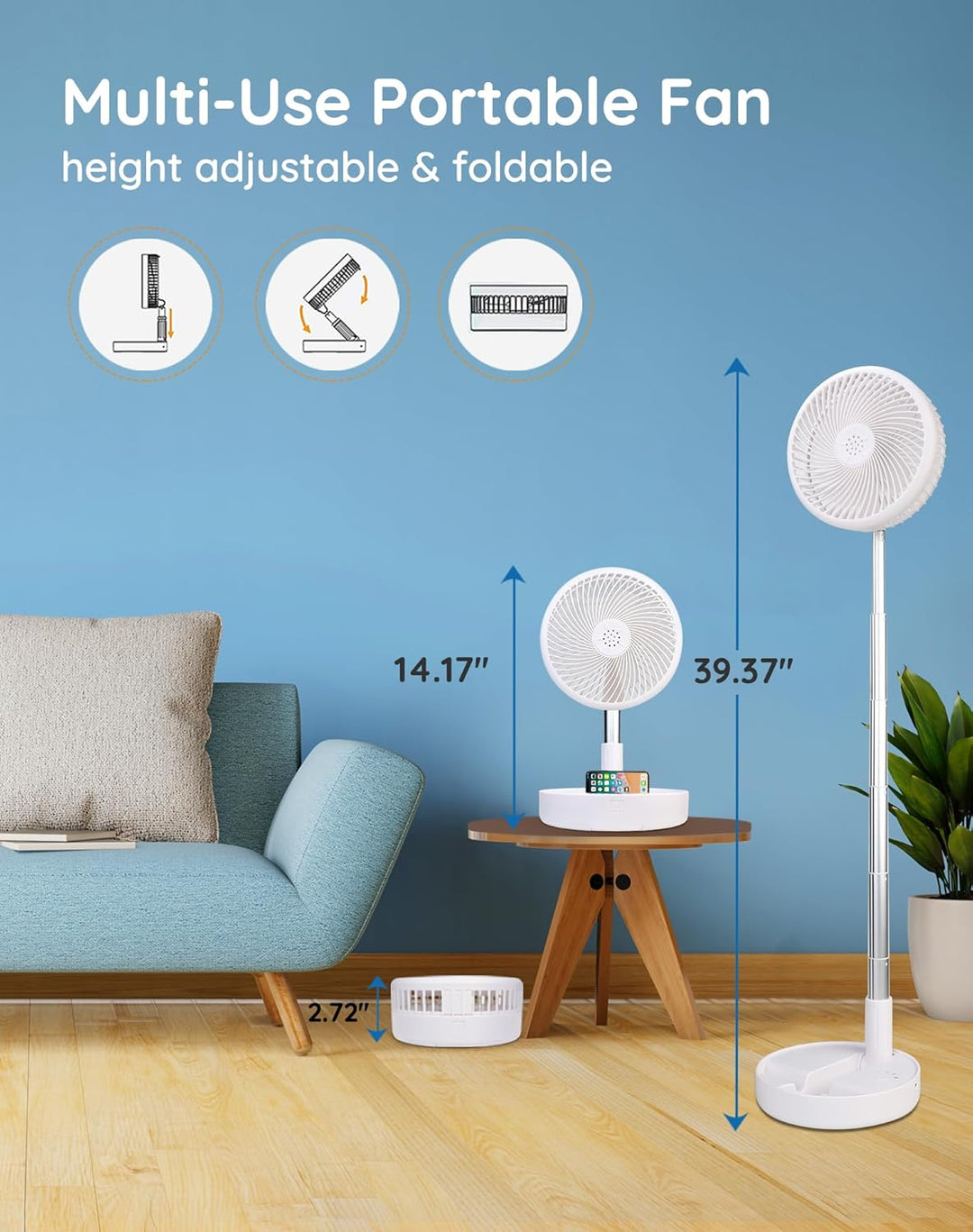 Primevolve 7.7" Ventilator Faltbarer mit Fernbedienung, 7200mAh Akku USB Standventilator Fan Tragbar