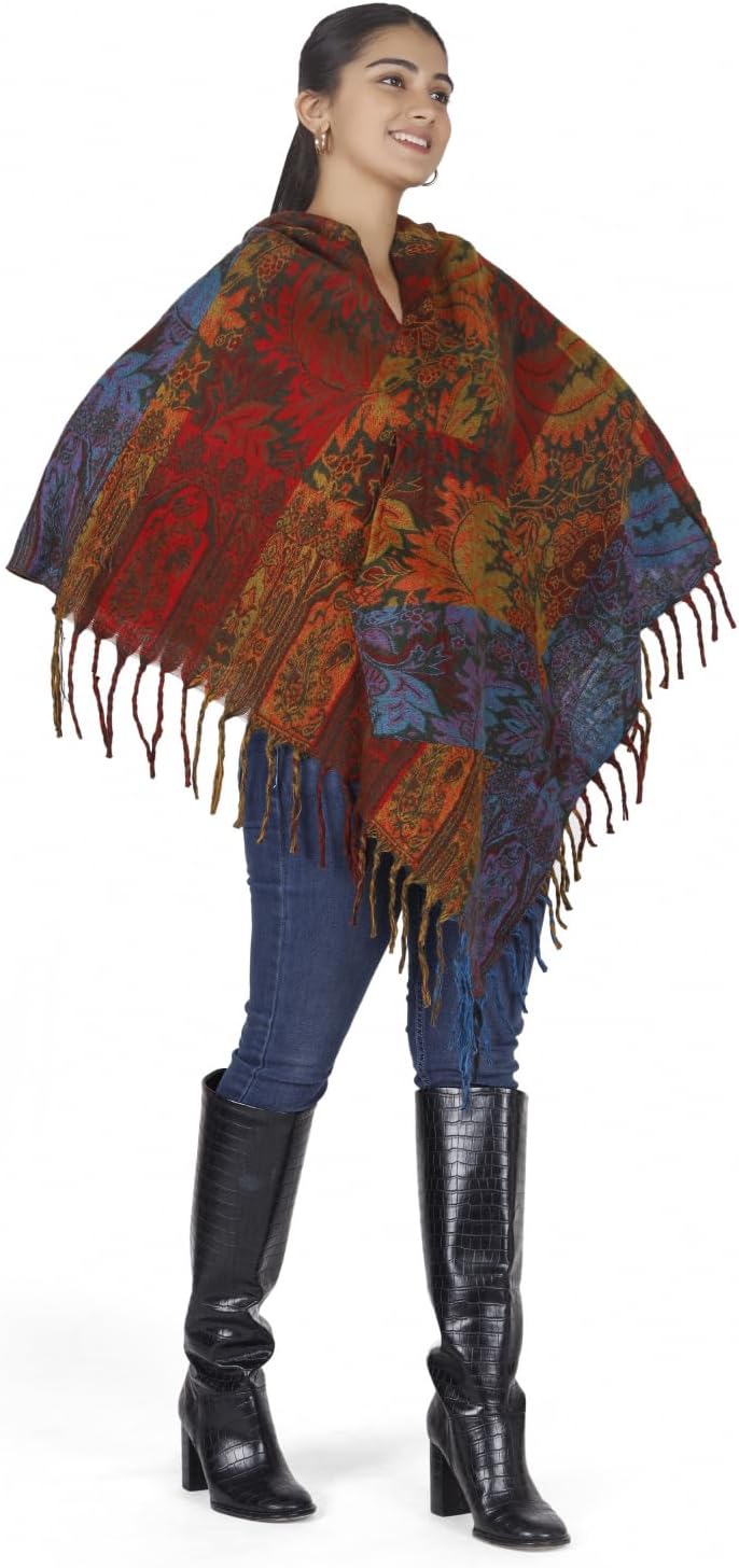GURU SHOP Flauschiger Poncho mit Kapuze, Goa Hippie Poncho, Damen, Schwarz, Synthetisch, Size:40 40