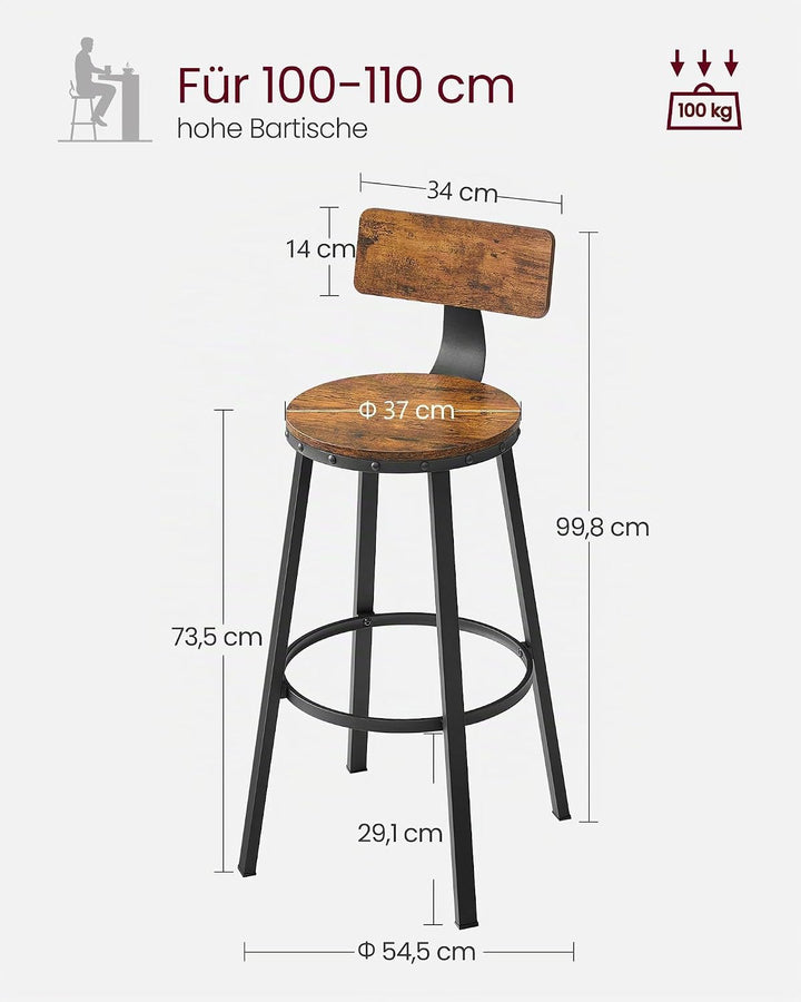 VASAGLE Barhocker, 4er Set, Barstühle, Küchenstühle mit stabilem Metallgestell, Sitzhöhe 73 cm, einf