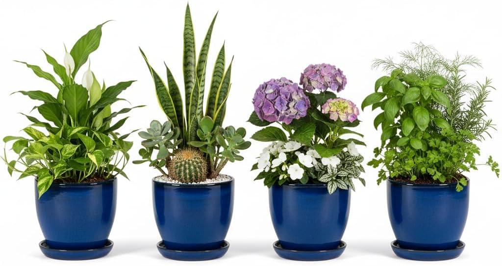 Teramico Pflanzgefäss Übertopf Blumentopf aus Steinzeug Blau mit passendem Teller/Untersetzer 23cm -