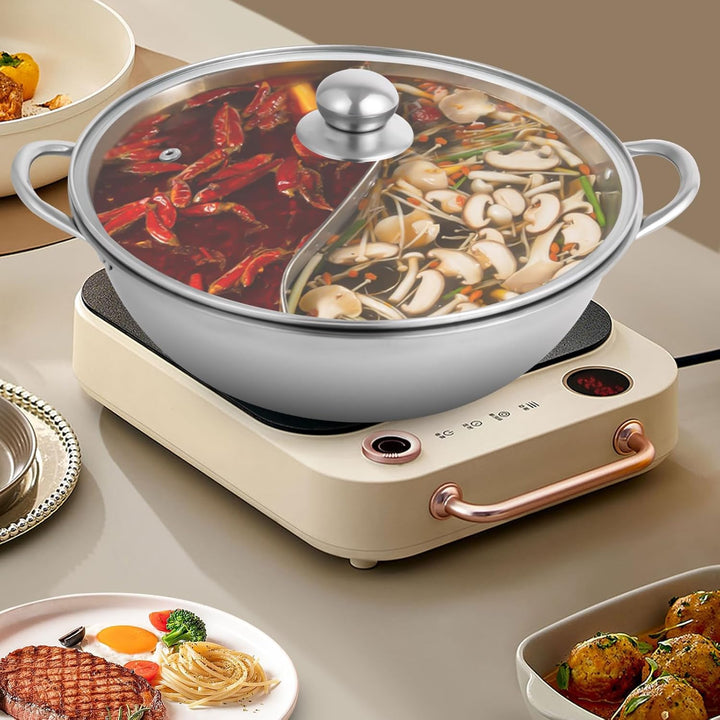 TONFEION Hot Pot Topf Dualer Hotpot heisser Topf Edelstahl mit Glasdeckel und Unterteilungen, Doppel