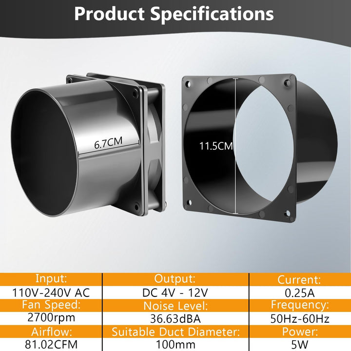 Rohrventilator 100mm - Abluftventilator mit Geschwindigkeitsregler für Küche, Bad, WC, Gewächshaus &