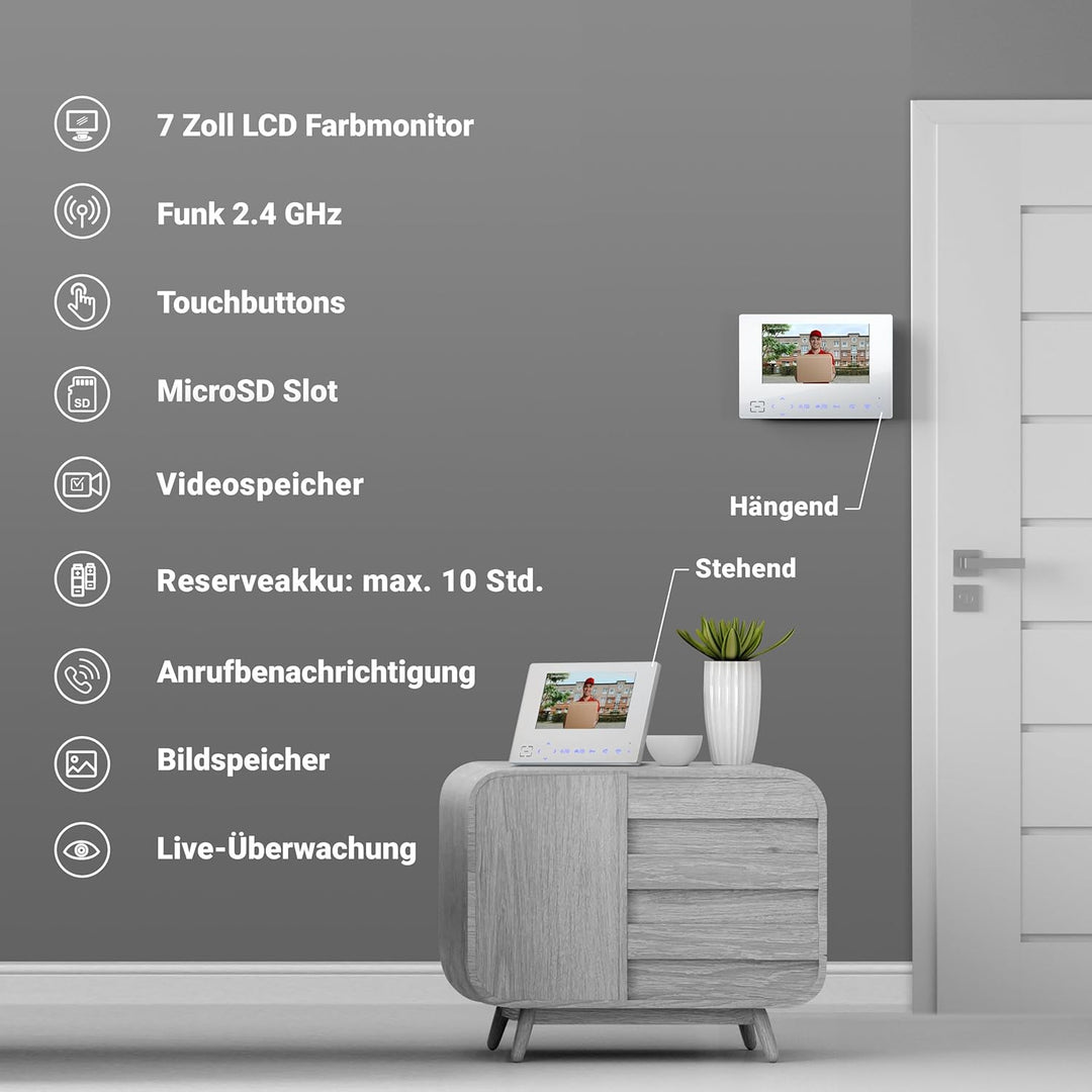 Goliath Funk Klingel Kabellos mit Kamera und 7" Monitor, Gegensprechanlage mit Türöffner Anschlussfu